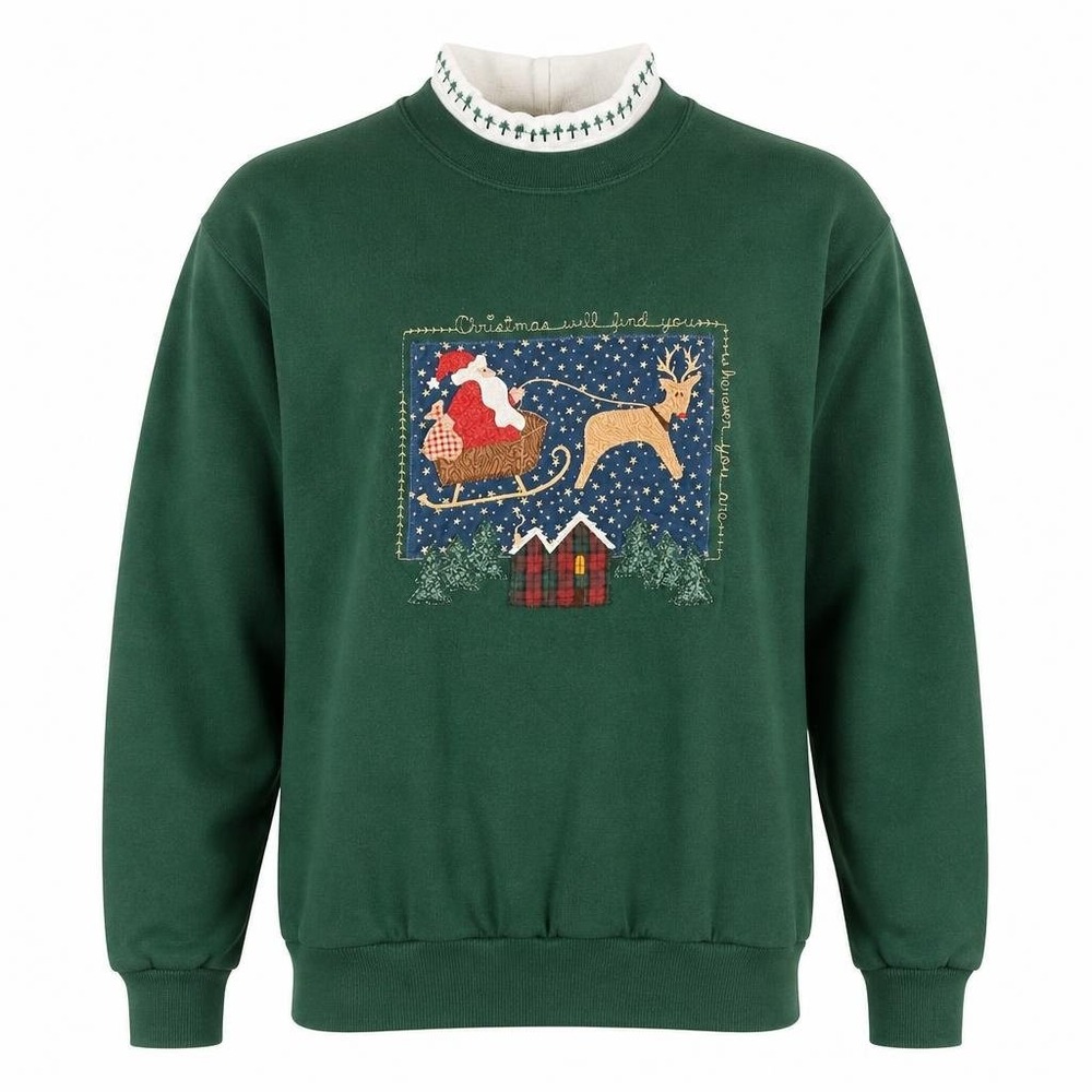 VTG Valorie's Folk Art Applique Sweatshirt Womens XL Green Santa Christmas USA